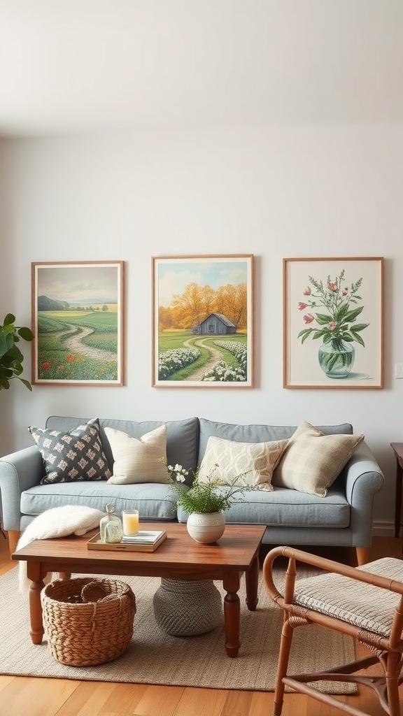 A cozy living room with farm-inspired artwork featuring landscapes and floral arrangements above a gray sofa.
