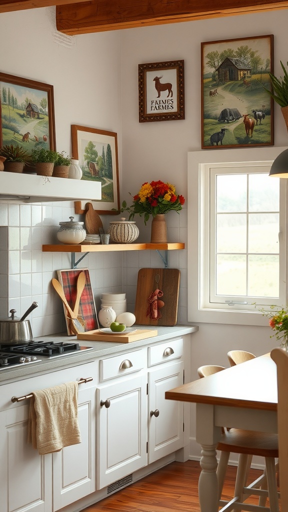 A cozy French farmhouse kitchen featuring rustic decor and artwork with farm themes.