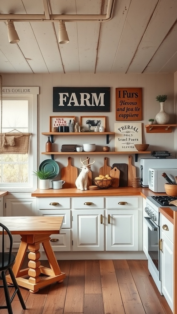 A vintage farmhouse kitchen featuring rustic wall art with a large sign reading 'FARM' and various farm-themed decorations.