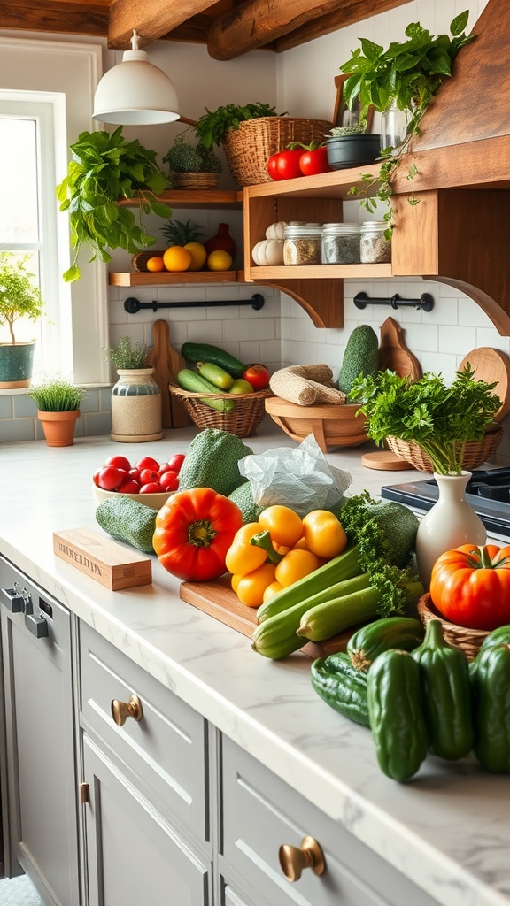 A bright farmhouse kitchen counter filled with fresh vegetables and herbs.
