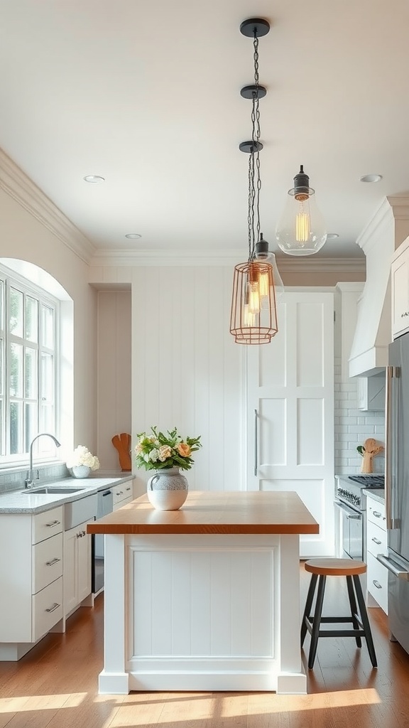 Bright farmhouse kitchen featuring modern lighting fixtures and a wooden island