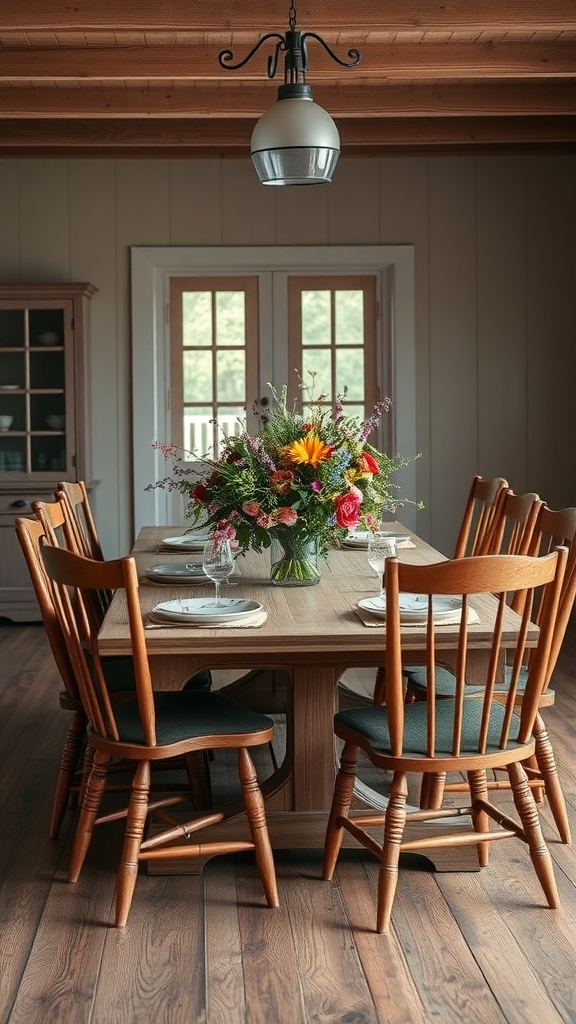A cozy farmhouse dining table made of wood surrounded by mismatched wooden chairs and a colorful flower arrangement.