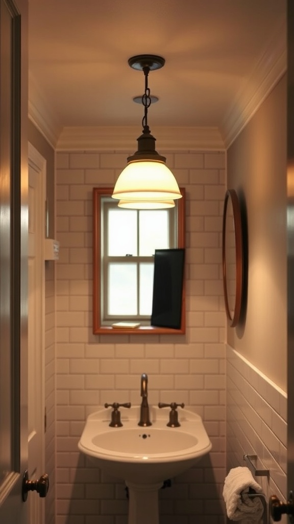 Cozy farmhouse bathroom with pendant lighting and warm tones