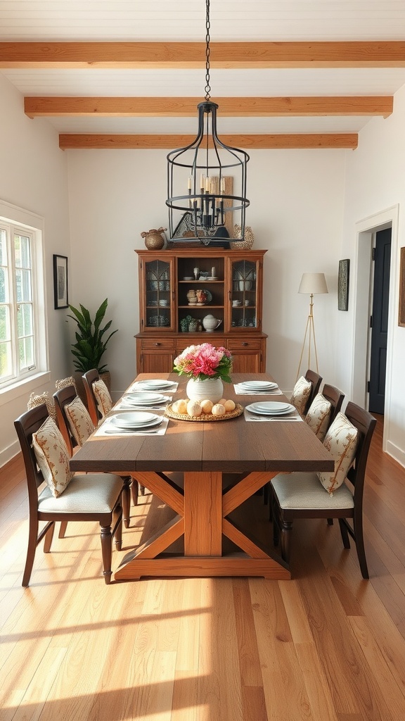 A farmhouse dining area featuring a large wooden table set for a meal, surrounded by chairs, with a floral centerpiece and natural light streaming in.