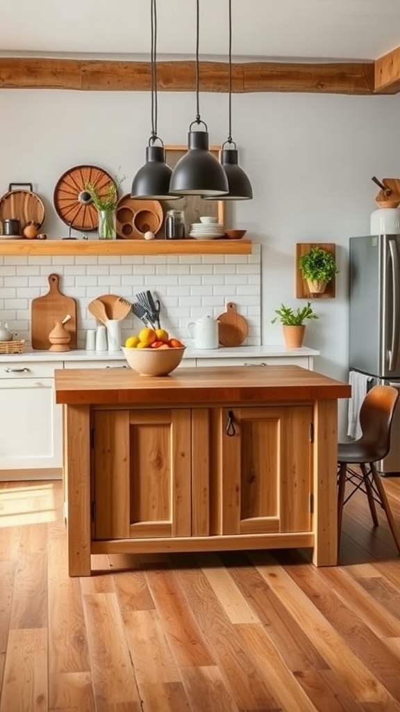 Farmhouse kitchen island with butcher block top, wooden cabinets, and pendant lights.