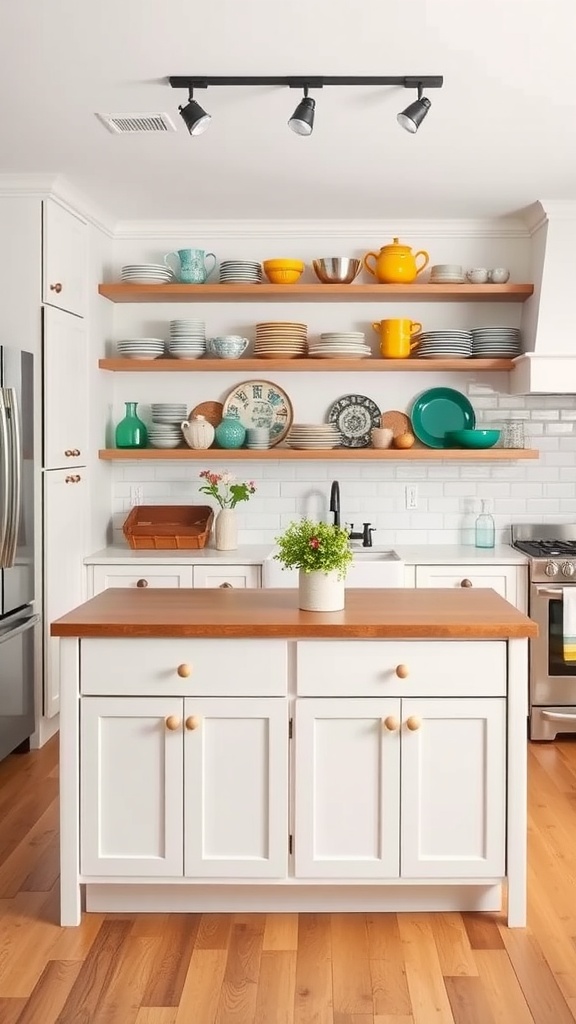 Bright farmhouse kitchen with open shelving displaying colorful dishware above a wooden island.