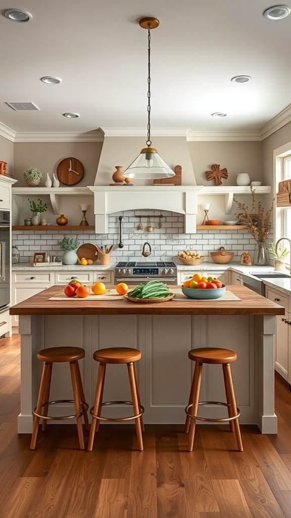 A farmhouse kitchen with a wooden island, three stools, fruits on the counter, and a warm, inviting atmosphere.