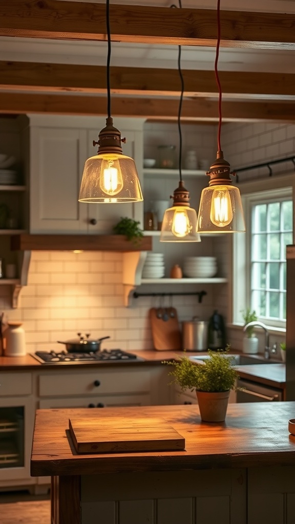 A cozy farmhouse kitchen with three pendant lights hanging above a wooden countertop.