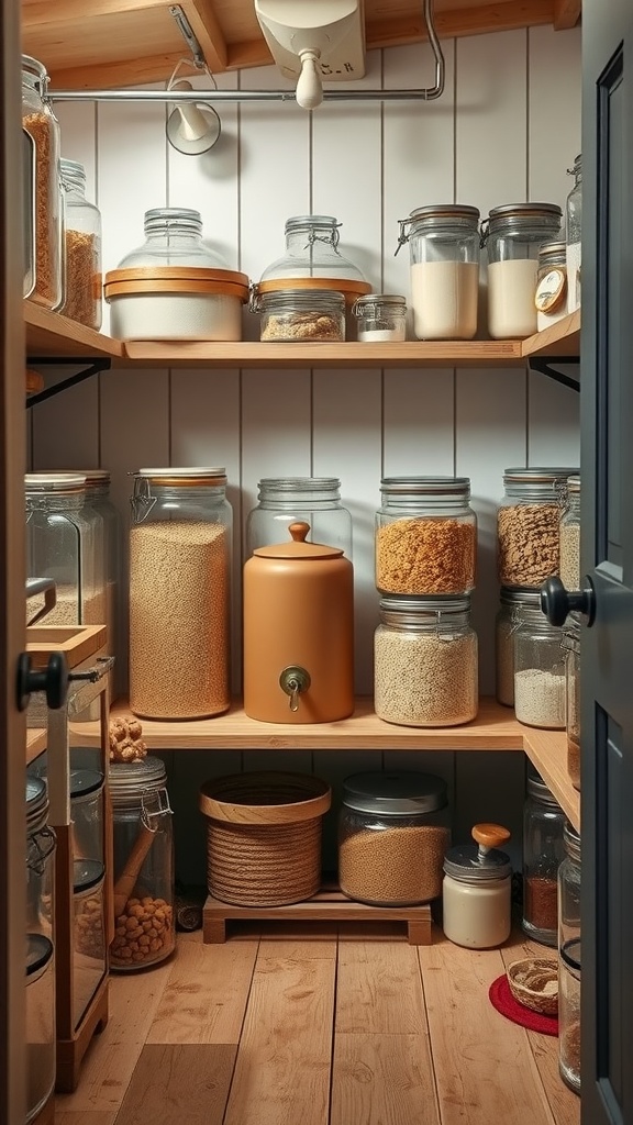 A cozy farmhouse pantry featuring organized glass jars on wooden shelves.