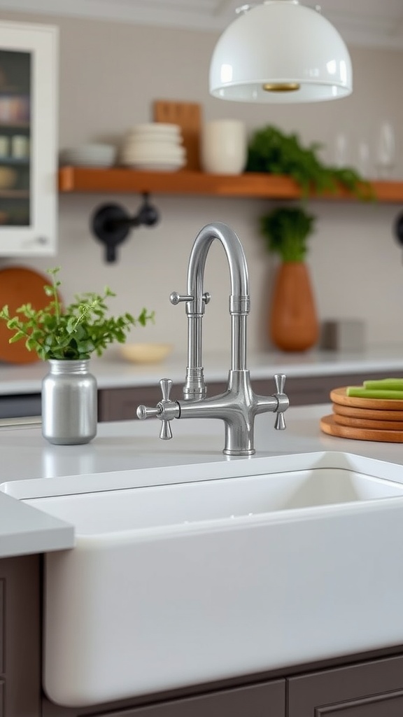 Modern farmhouse kitchen with a large farmhouse sink and stylish faucet