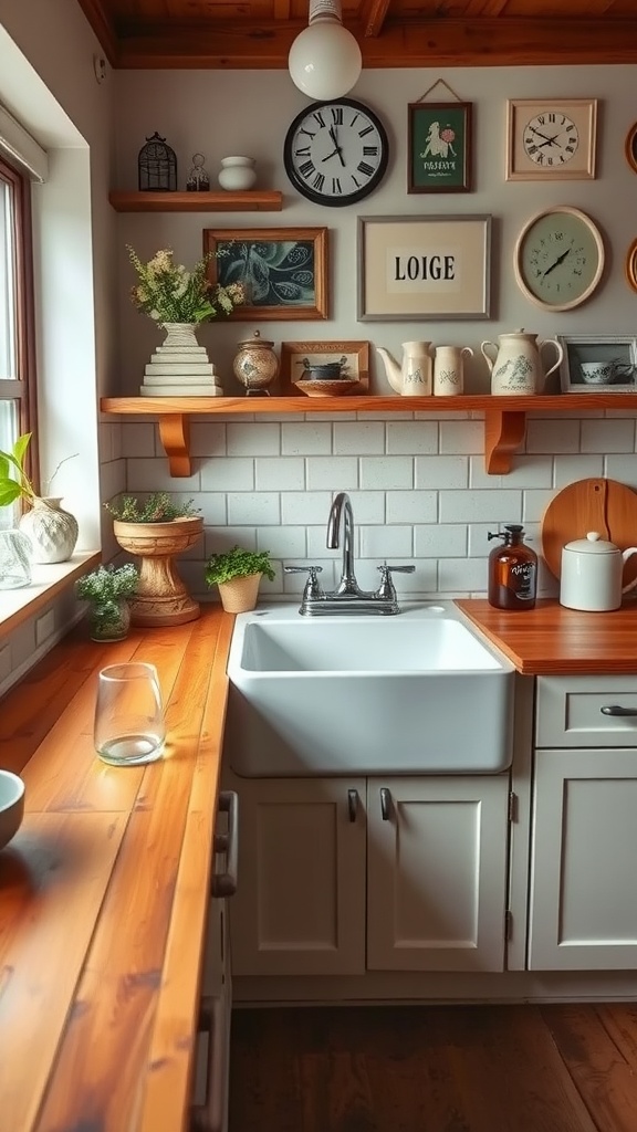 A rustic kitchen featuring a farmhouse sink, wooden countertops, and decorative elements on the walls.
