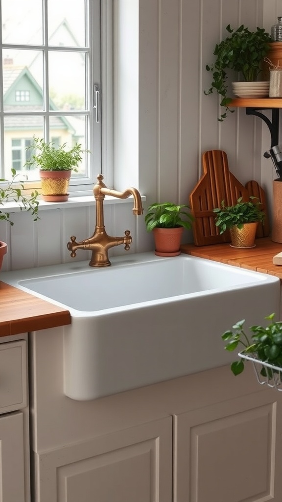A farmhouse sink with a brass faucet in a rustic kitchen setting, surrounded by plants