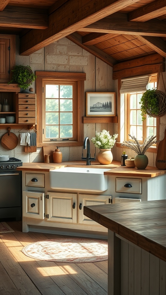 A rustic farmhouse kitchen featuring a large white farmhouse sink integrated into wooden cabinetry, surrounded by plants and natural decor.