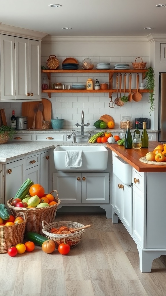 A rustic farmhouse kitchen featuring a large farmhouse sink surrounded by fresh produce, warm wood accents, and light cabinetry.