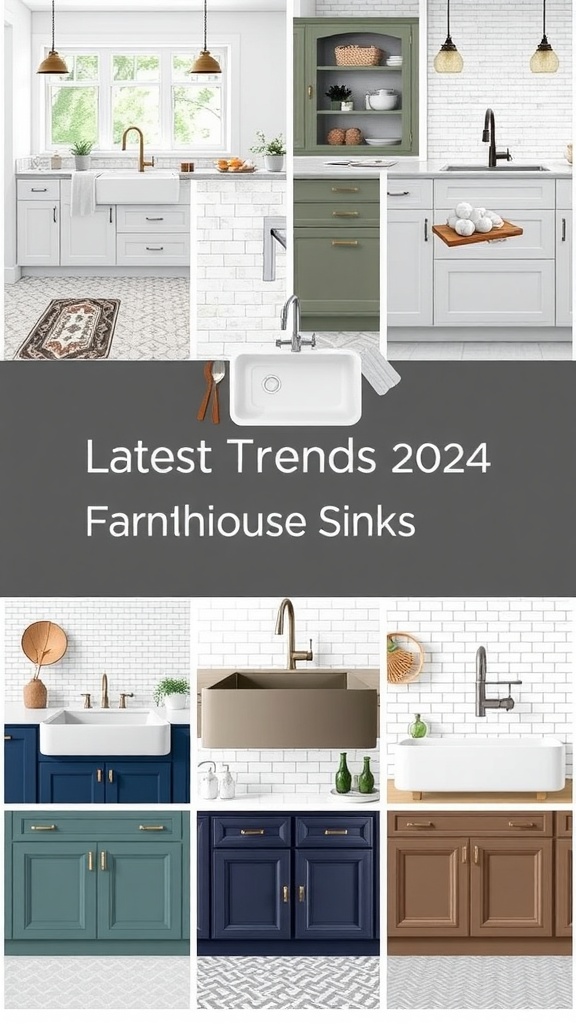 A collage of different farmhouse sinks showcasing the latest trends for 2024.