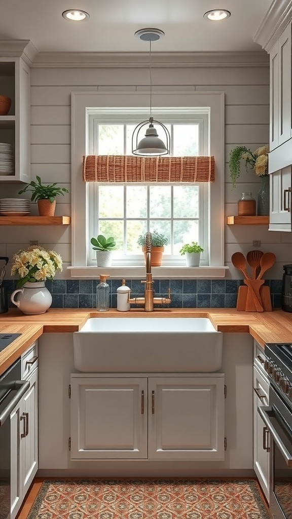 A cozy farmhouse kitchen with a large white sink under a window, wooden countertops, and potted plants.
