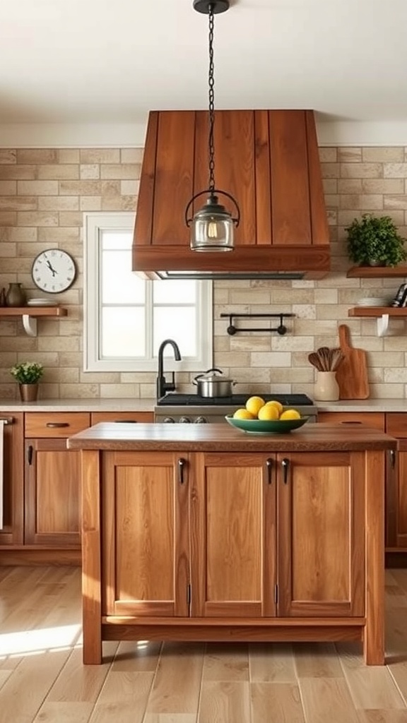 Rustic farmhouse kitchen with wooden island and light-colored tile backsplash.