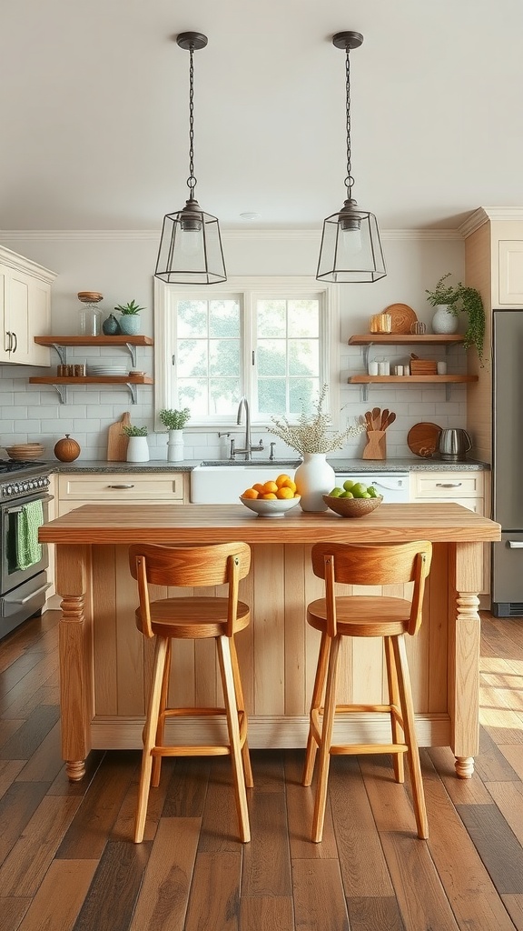 Rustic farmhouse kitchen island with wooden bar stools and pendant lights.