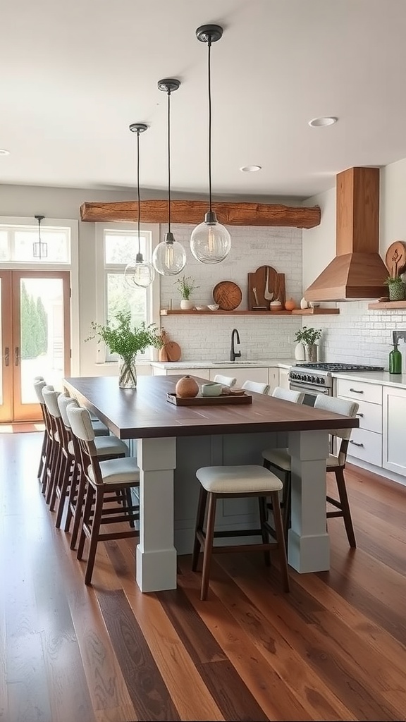 Modern farmhouse kitchen with a large island, wooden top, and bar stools.