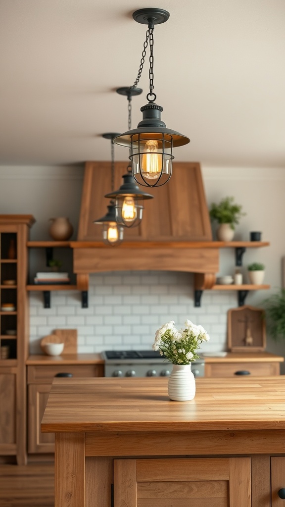A vintage farmhouse kitchen featuring pendant lighting fixtures, a wooden countertop, and open shelves.
