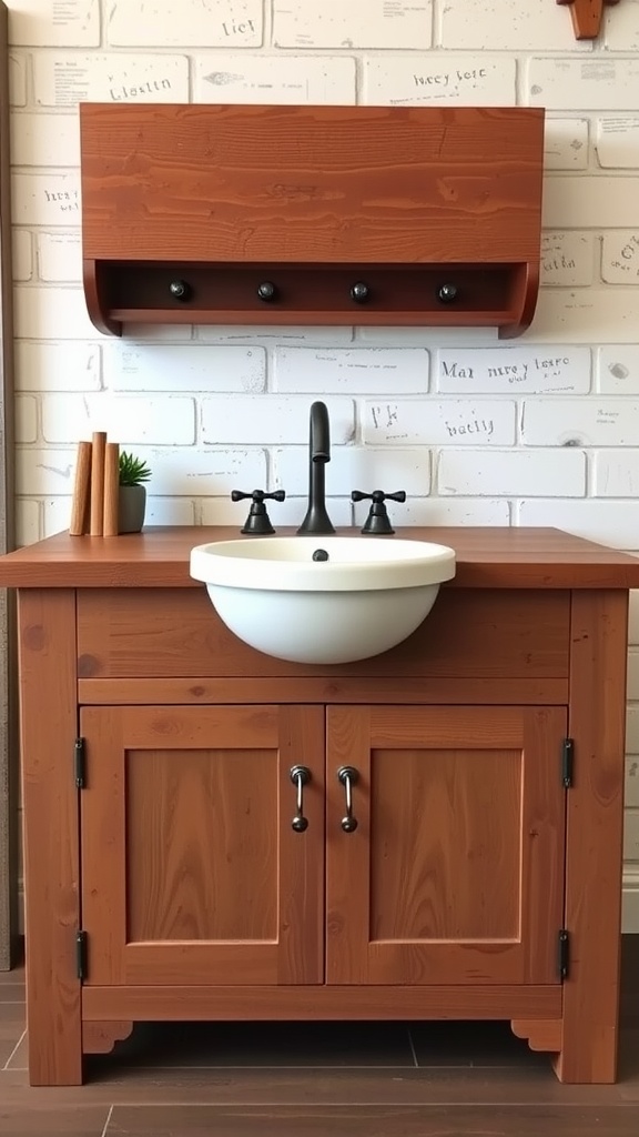 A rustic wooden farmhouse style vanity with a round sink and black fixtures, complemented by a wall-mounted shelf.