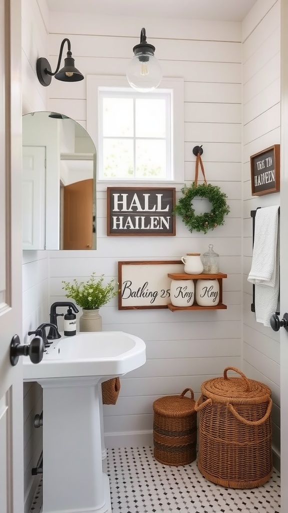 Modern farmhouse bathroom with rustic accessories