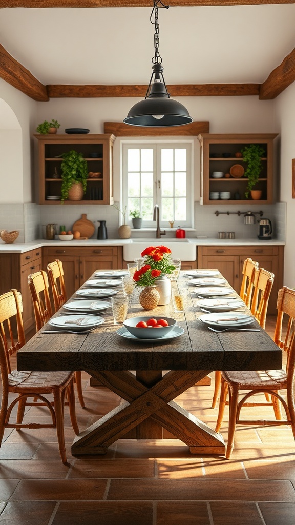 A warm and inviting farmhouse kitchen with a large wooden table set for a meal.