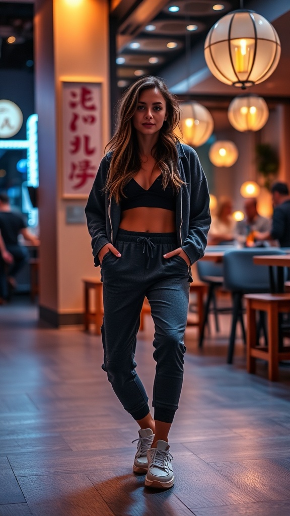 Woman in athleisure outfit walking in a stylish cafe