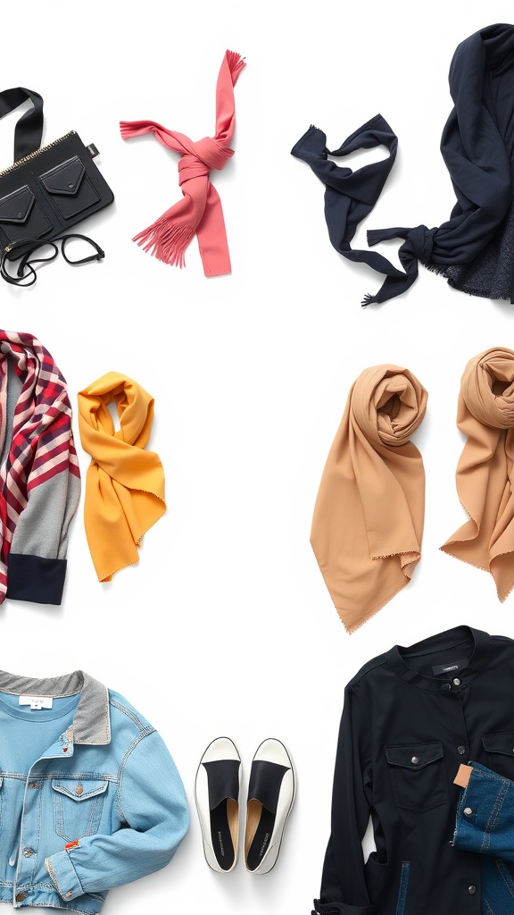 A collection of fashionable hijabs and casual outfits for Muslim women, showcasing different colors and styles.