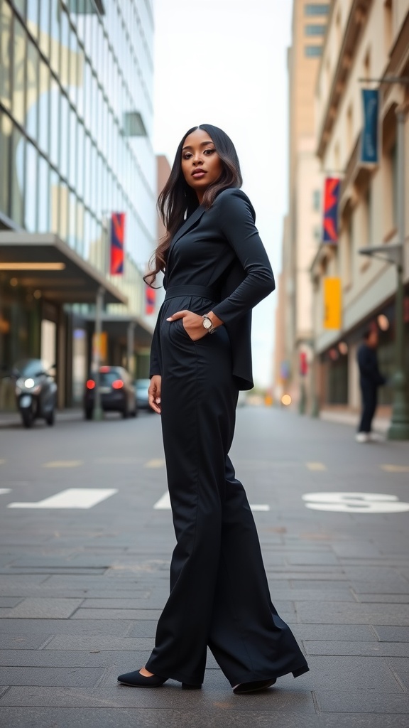 A woman wearing a stylish black jumpsuit stands confidently in a city street.