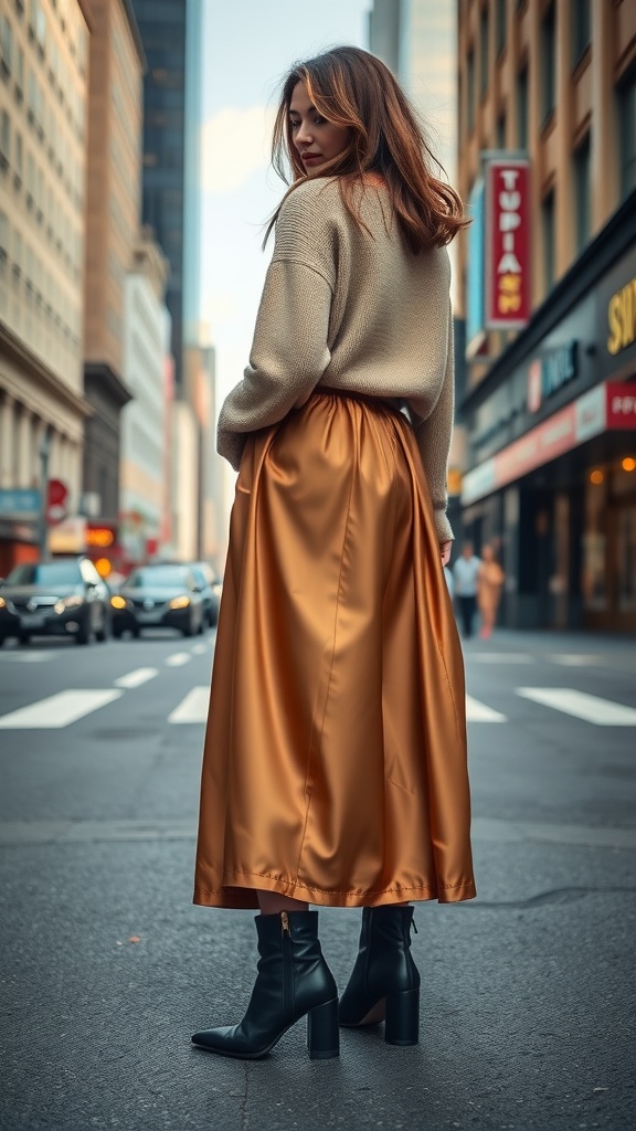 A woman wearing a golden satin maxi skirt and chunky black boots, with a relaxed sweater, poses in a city street.