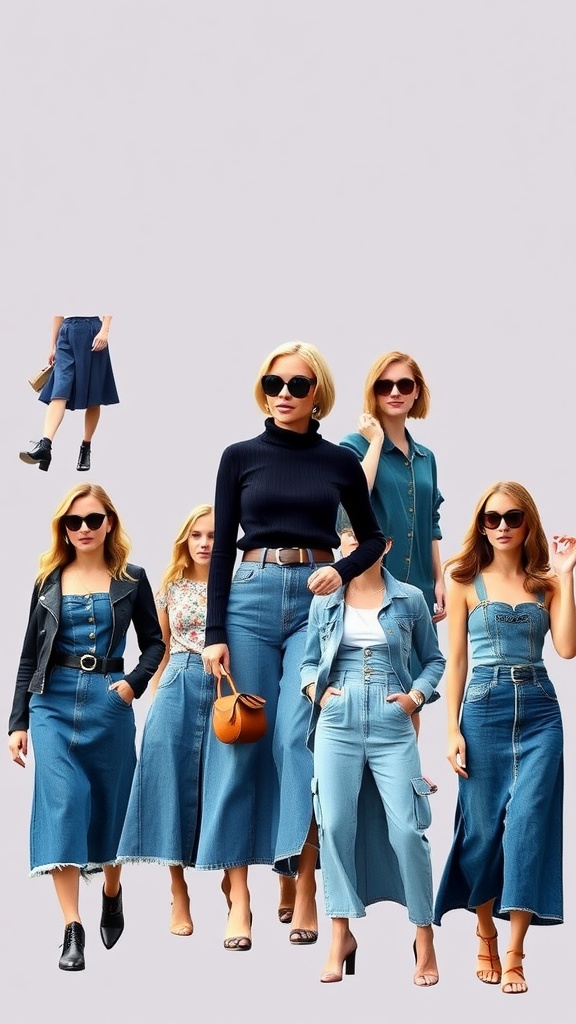 Fashion icons wearing various denim maxi skirts in different styles and colors.