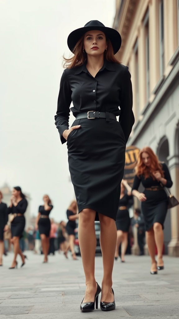 A woman in a black pencil skirt and hat walking confidently, with other women in similar outfits in the background.
