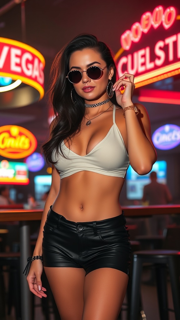 A woman in a crop top and leather shorts poses in front of colorful club signs in Las Vegas.