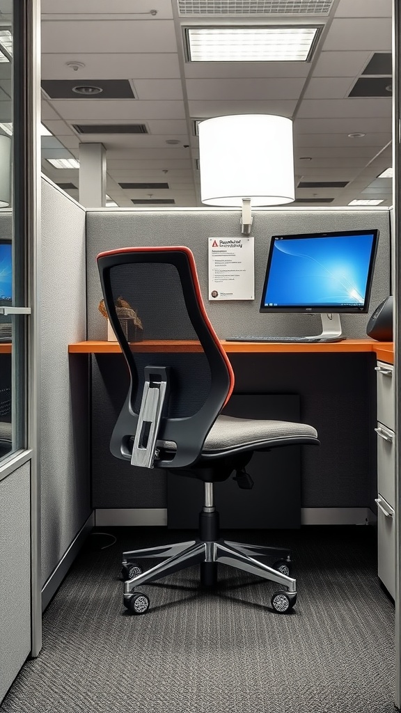 A stylish office chair with a mesh back and colorful trim, positioned in a cubicle with a computer and lamp.