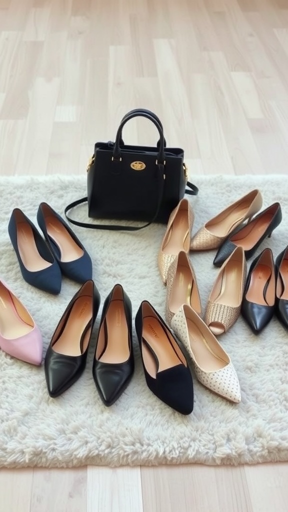 A selection of stylish women’s heels in different colors and textures, with a black handbag in the center.