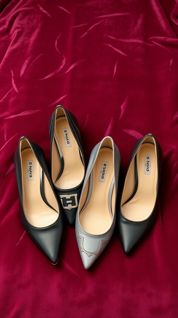A selection of stylish black and silver heels on a rich burgundy fabric