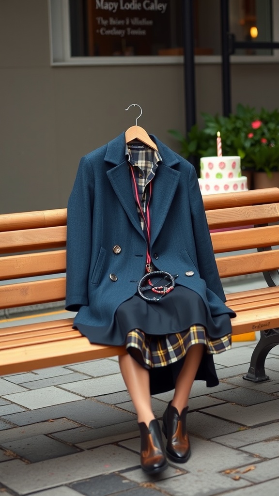 Chic blue coat and plaid dress on a bench, with birthday cake in background