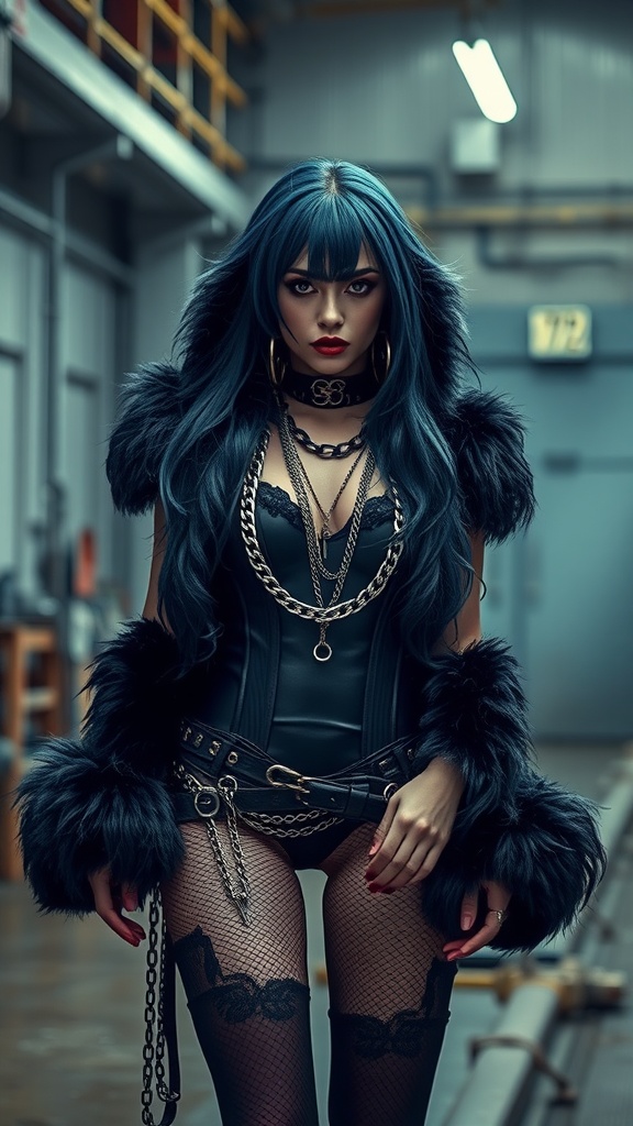 A model wearing a goth rave outfit featuring faux fur and chains, showcasing a bold and edgy look.