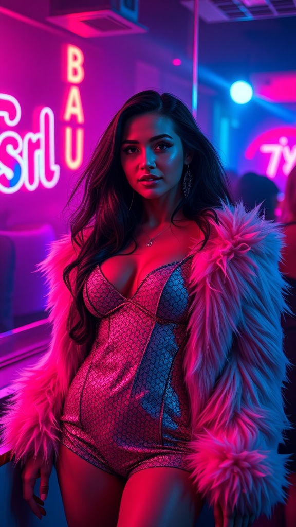 A stylish woman in a shiny bodysuit and faux fur jacket posing in a neon-lit environment.