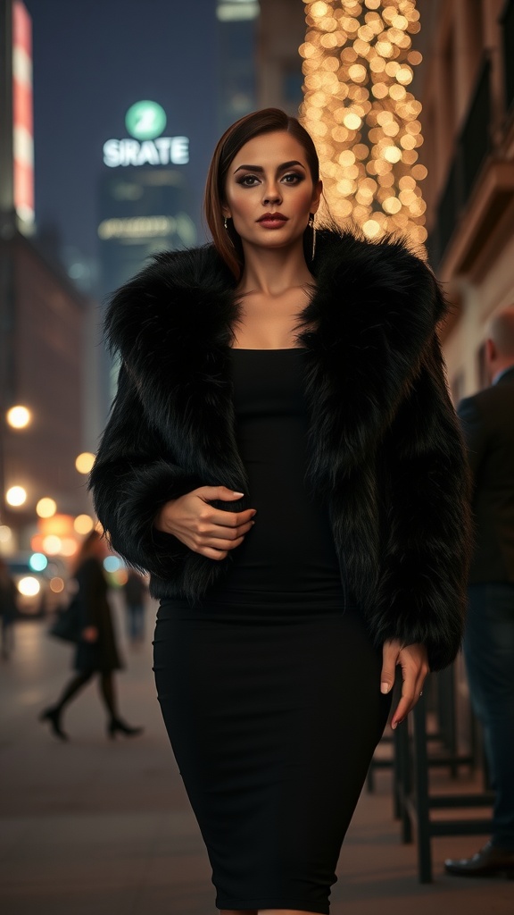 A stylish woman wearing a faux fur coat over a bodycon dress, posing confidently on a city street at night.