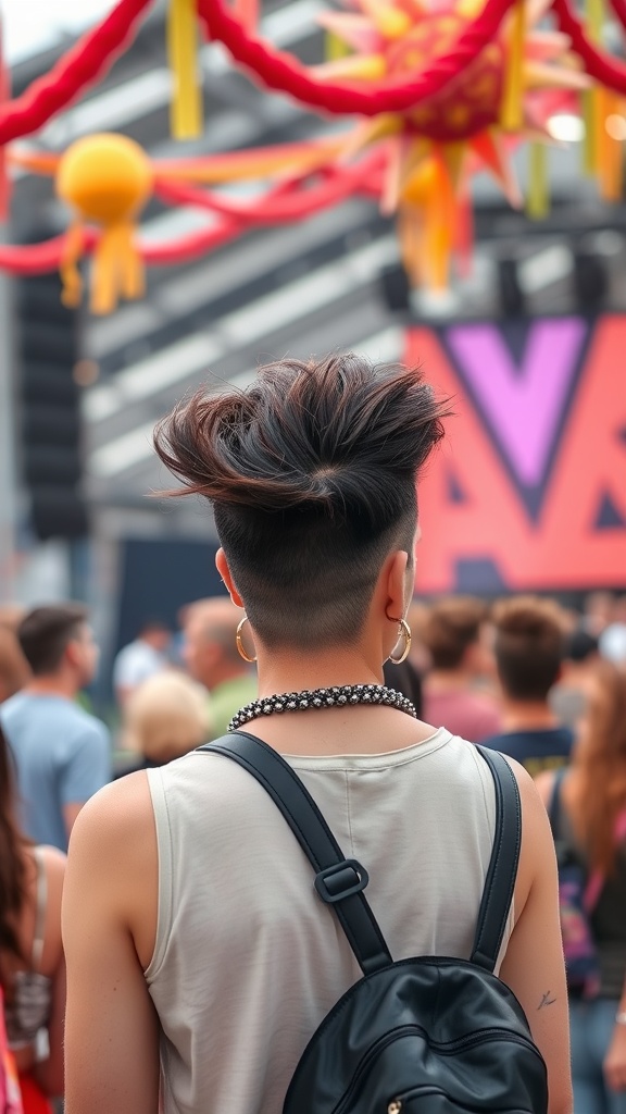 A person with a faux hawk hairstyle at a lively event, showcasing volume and style.