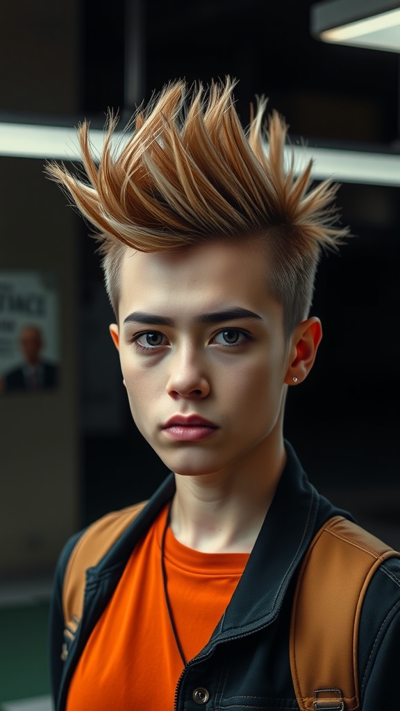 A young person with a stylish faux hawk hairstyle, featuring spiked hair and a confident expression.