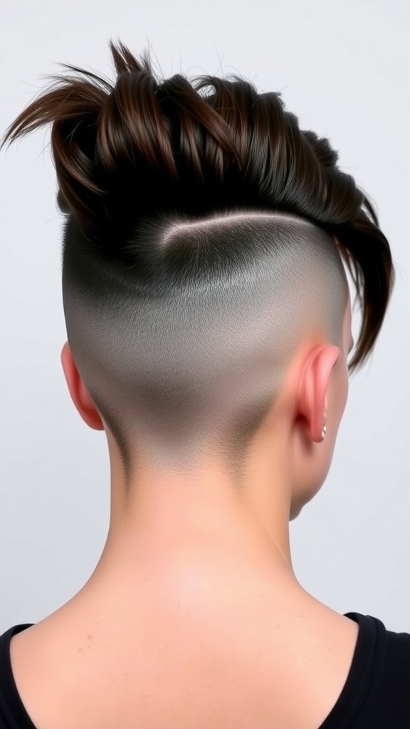 A close-up view of a faux hawk ponytail hairstyle showing shaved sides and longer hair on top.