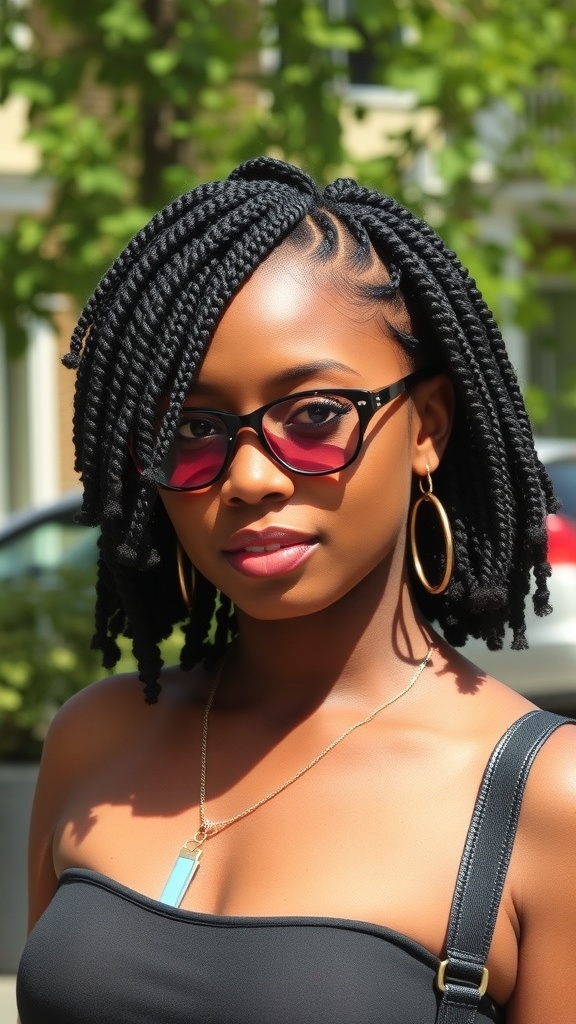 A woman with a faux locs bob hairstyle, wearing sunglasses and hoop earrings.