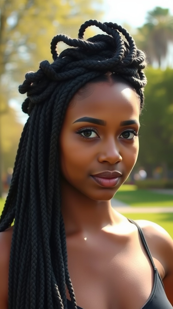 A beautiful woman with faux locs styled into a braided crown, showcasing a stunning hairstyle in a sunny outdoor setting.