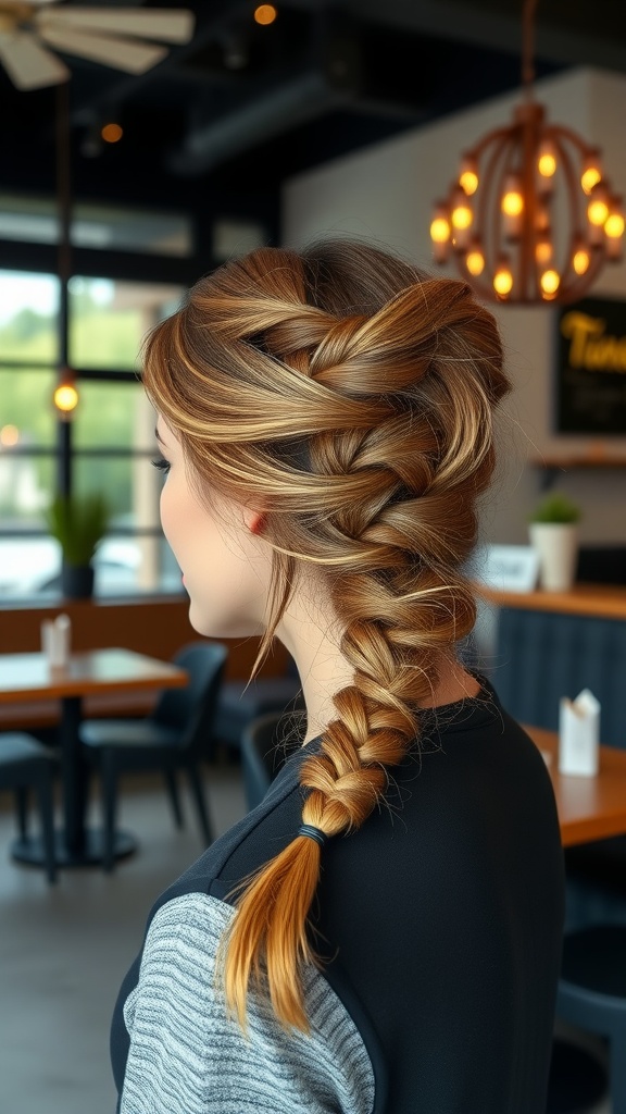 A stylish side-swept braid hairstyle, showcasing a neat Feed-in Braid side sweep.