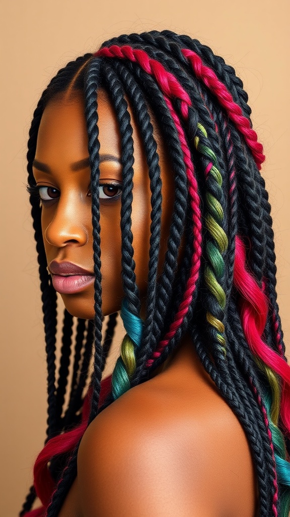 A woman with feed-in braids featuring curly ends, styled in vibrant colors of black, red, and green.