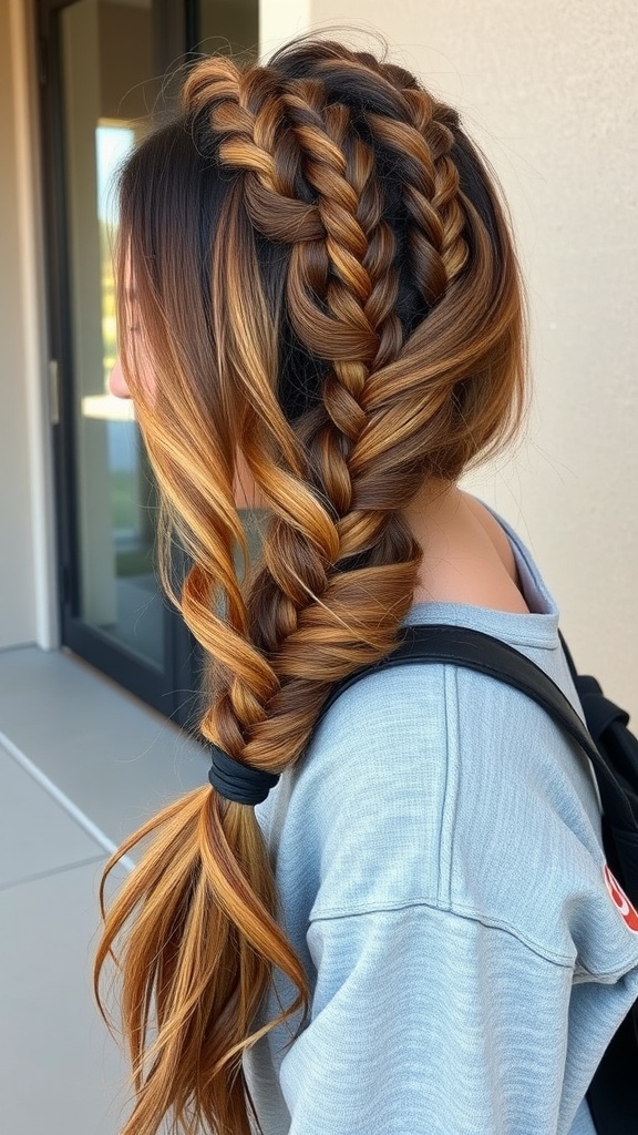 A woman with thick feed-in braids styled in an ombre color, transitioning from dark to lighter shades.