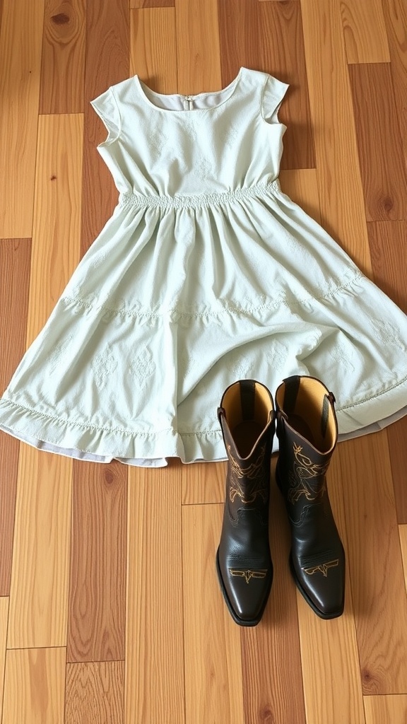 A light blue dress alongside feminine cowboy boots, showcasing a blend of casual and formal style.